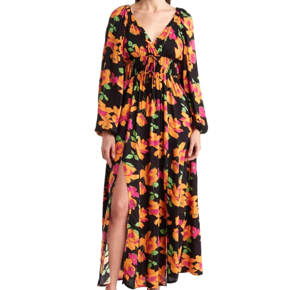 ASOS Design Size 4 Floral Maxi‎ Dress Black Orange Pink Long Sleeve Boho Tie